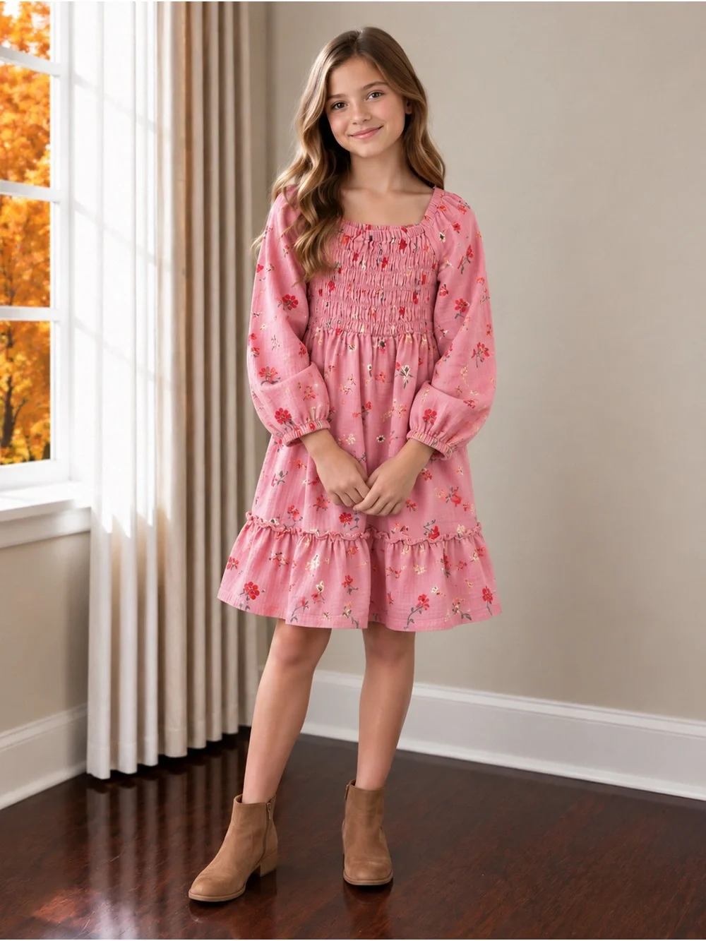 Old Navy Pink Floral Smocked Ruffle Dress